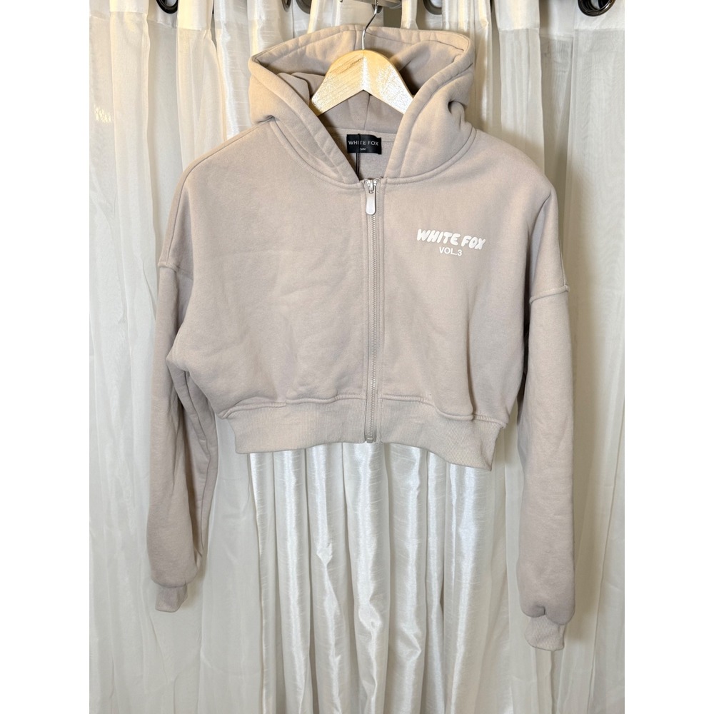 White Fox Zip Up Hoodie Womens S/M Sand Vol 3 Cropped Fleece Sweatshirt